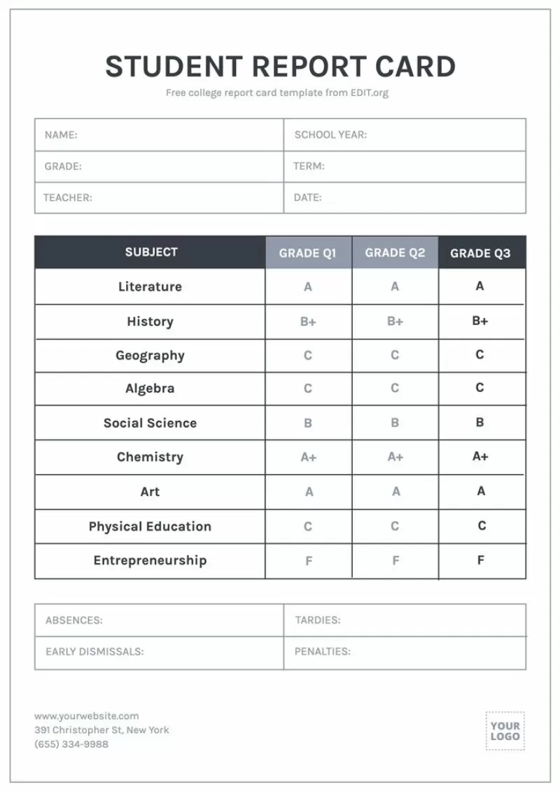 College Report Card Template Sample