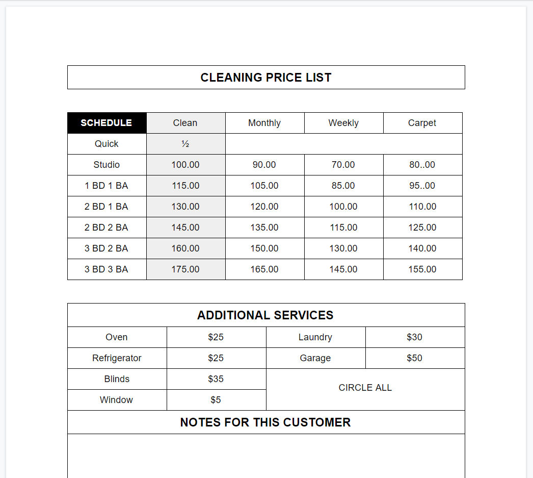 Commercial Cleaning Services Price List Template Sample