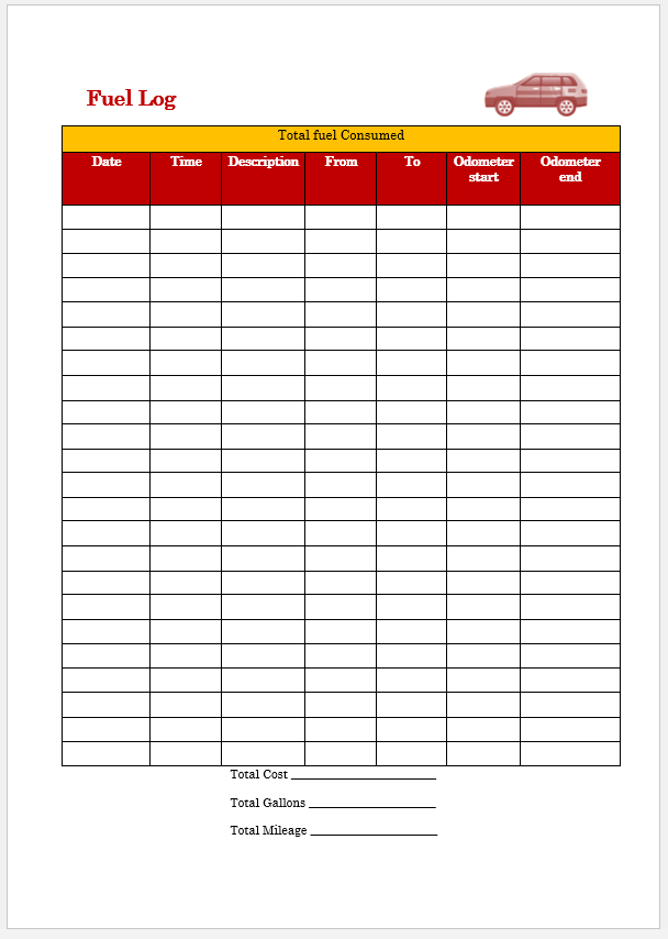 Company Vehicle Fuel And Inspection Log Template Example