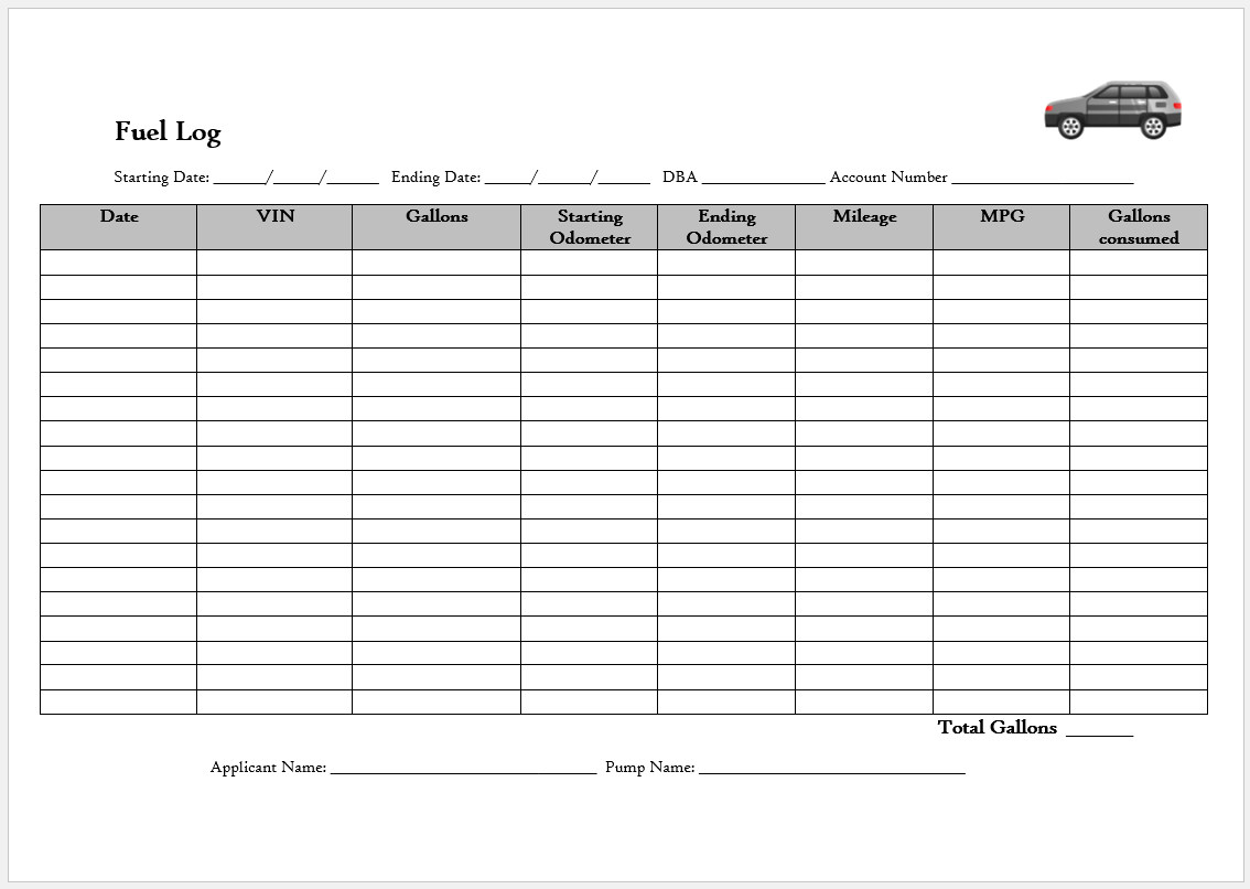 Company Vehicle Fuel And Inspection Log Template Sample