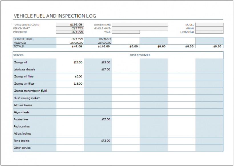 Company Vehicle Fuel And Inspection Log Template