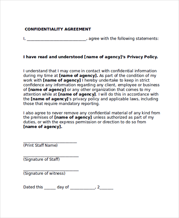 Confidentiality Agreement Template Sample