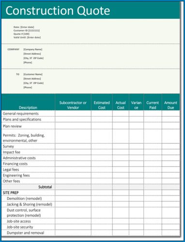 √ Free Printable Construction Quote Template