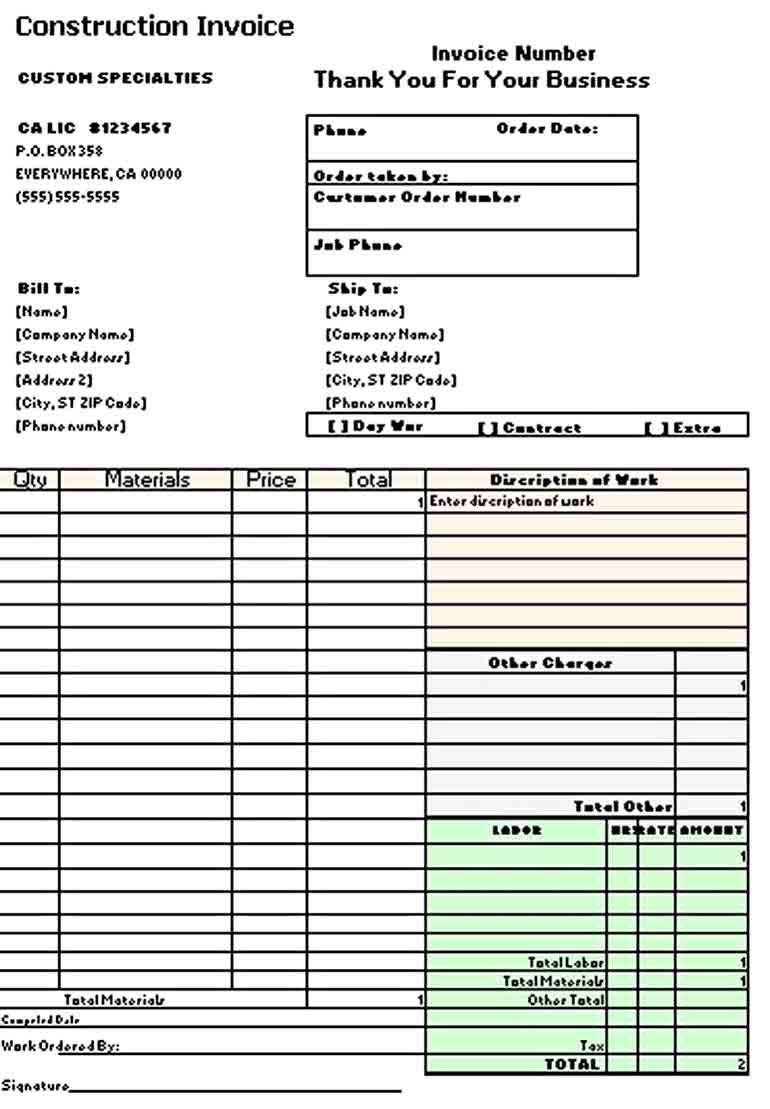 Construction Receipt Template Example