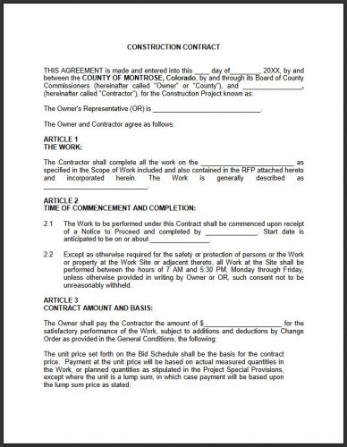 √ Free Printable Contract Agreement For Construction Work