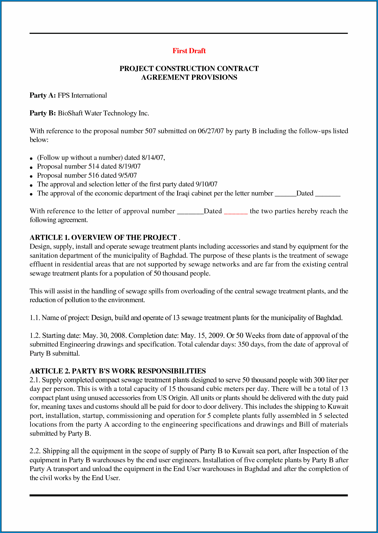 Contract Agreement For Construction Work Sample