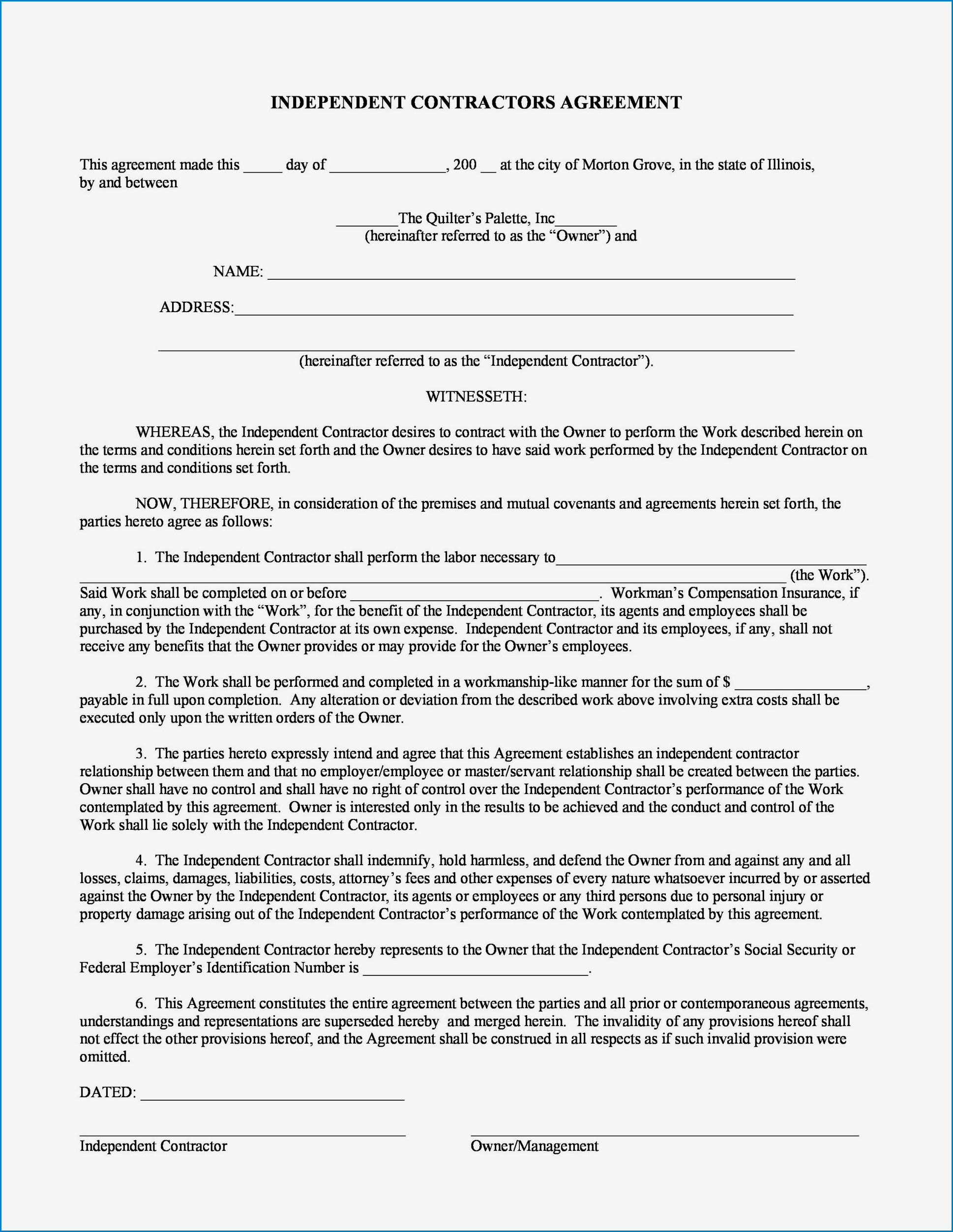 Contractor Agreement Template Example