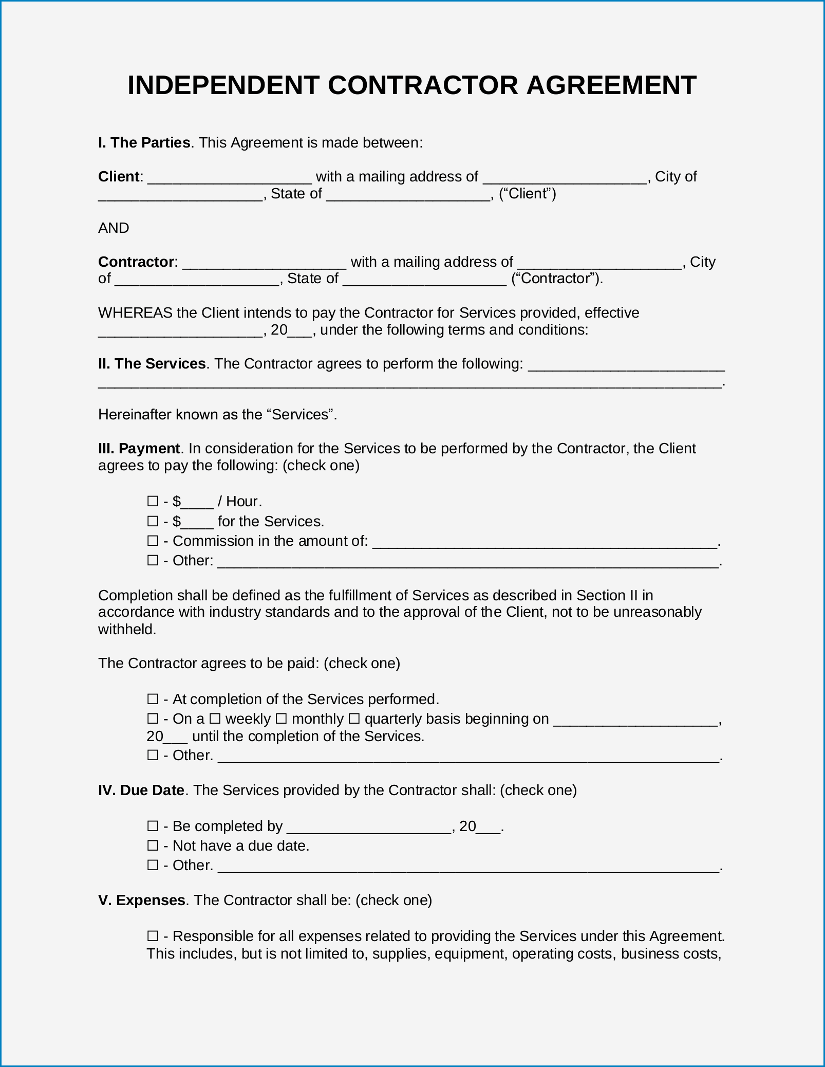 Contractor Agreement Template Sample