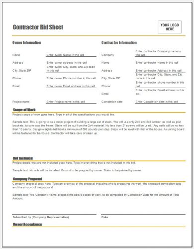 √ Free Printable Contractor Bid Sheet Template