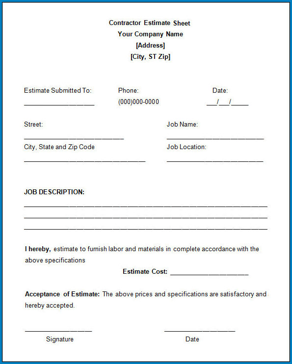 Contractor Estimate Form Example