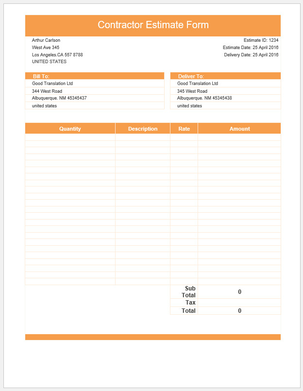 Free Printable Contractor Estimate Form