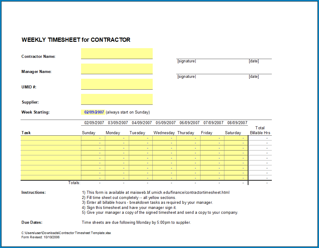 Free Printable Contractor Timesheet Template