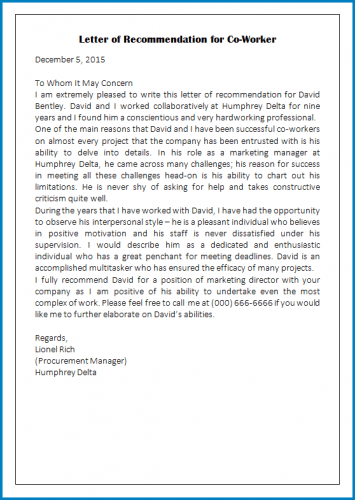 √ Coworker Letter Of Recommendation Template