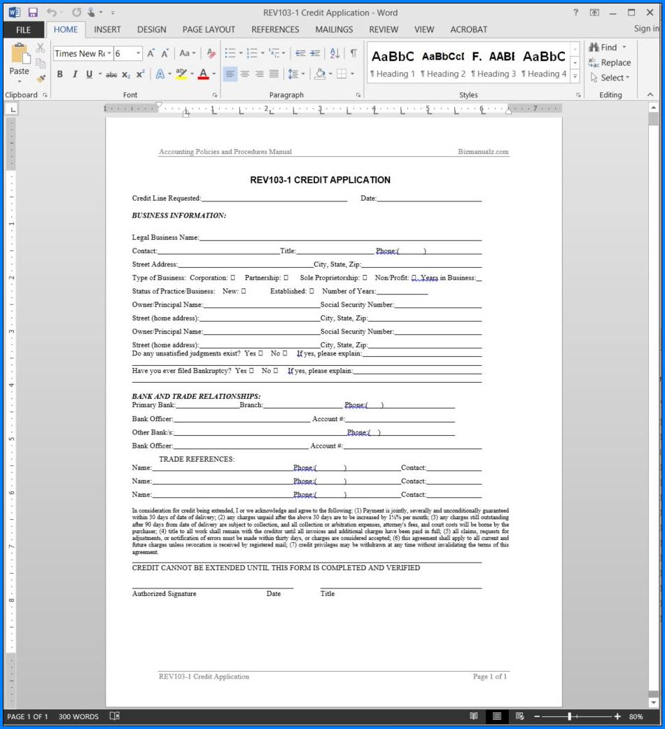 Credit Application Form Example