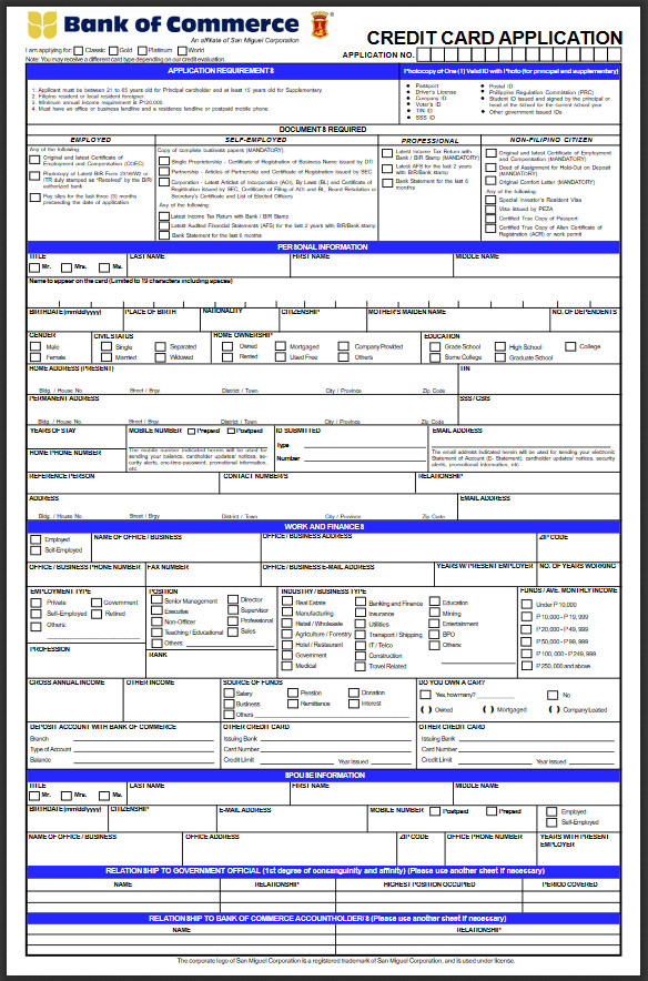 Free Printable Credit Card Application Form Template