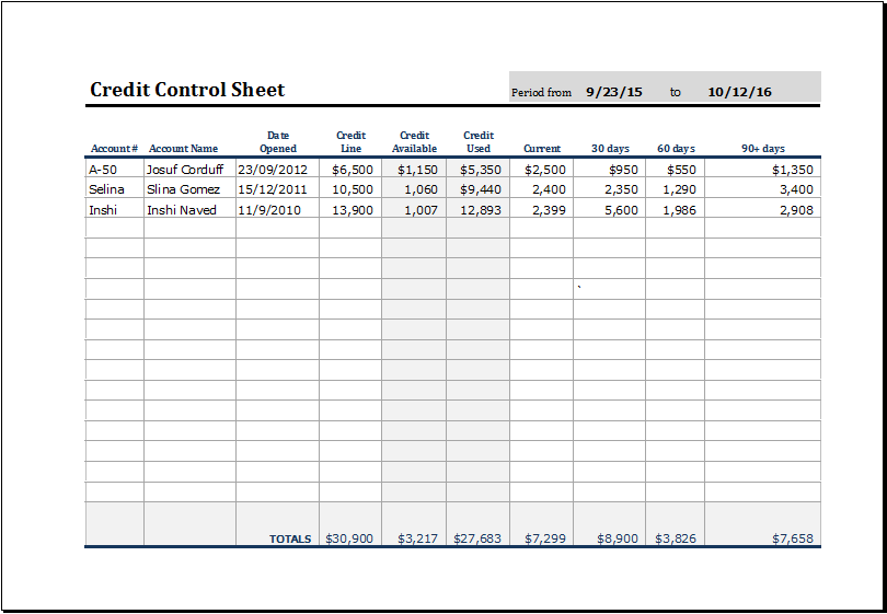 Credit Control Sheet With Aging Template