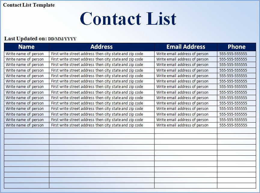 Customer Contact List Template Example