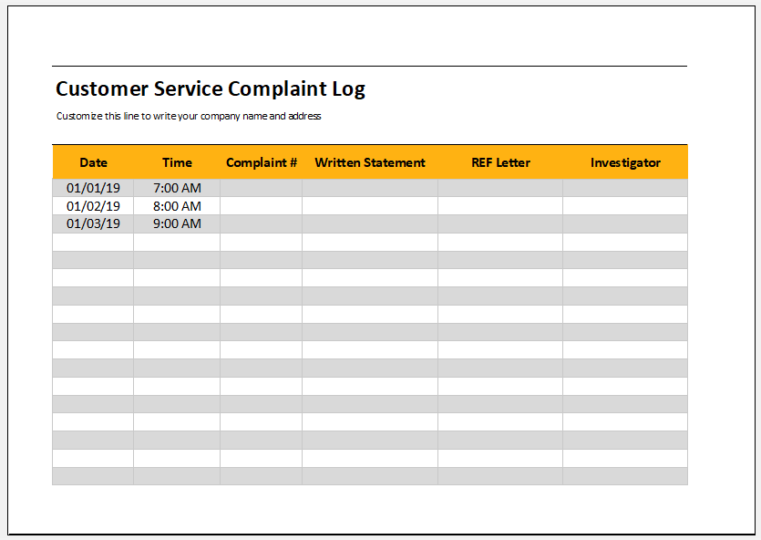 Customer Service Complaint Log Template