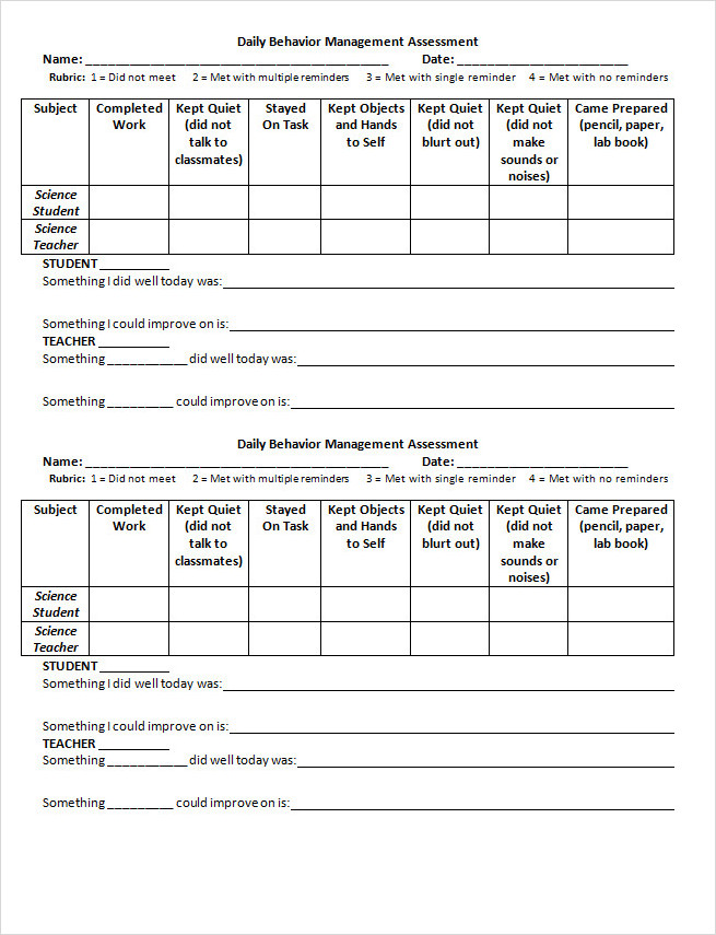 Daily Behavior Reflection Sheet