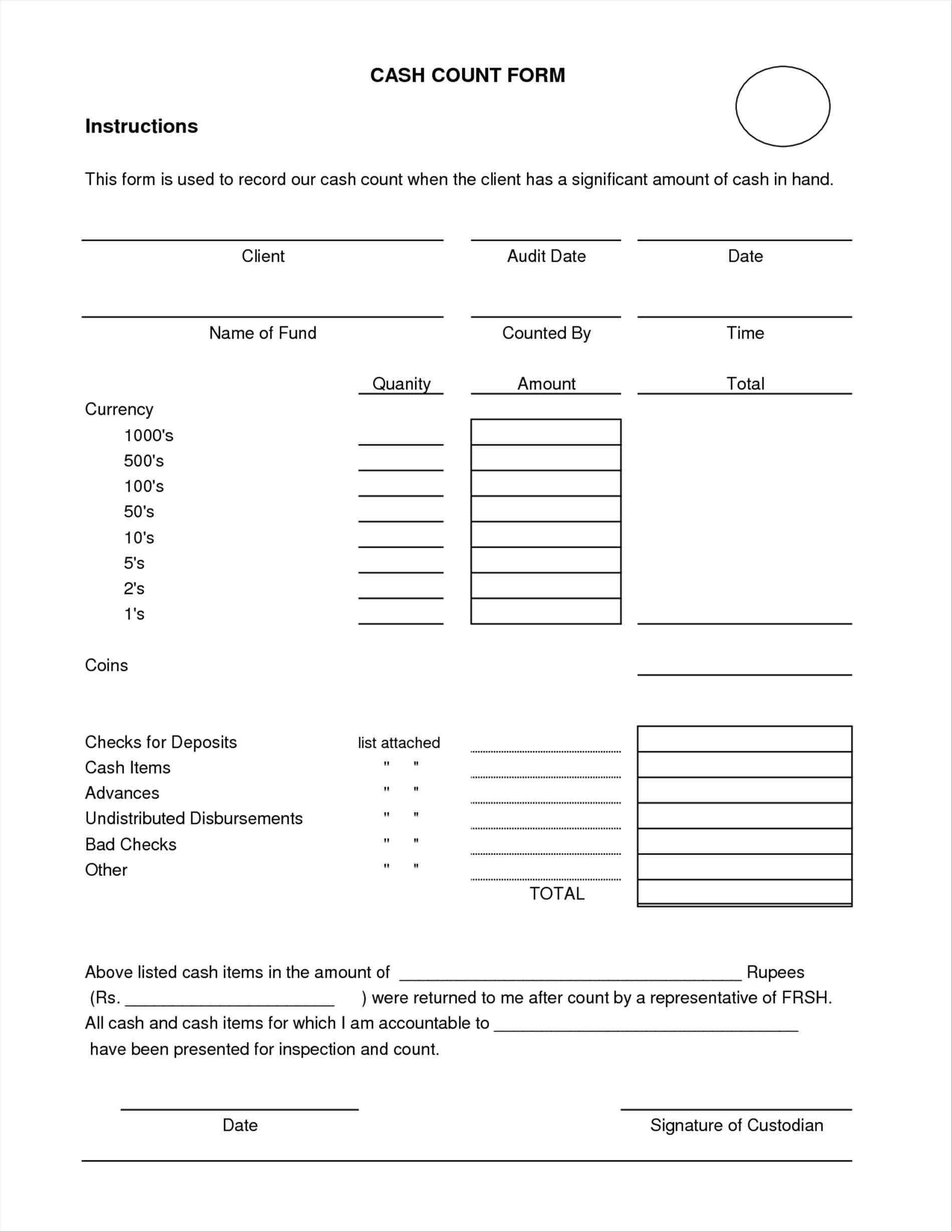 Daily Cash Count Sheet Template Sample