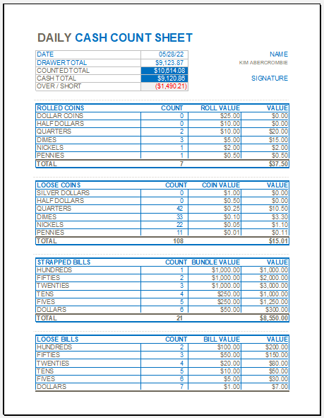 Daily Cash Count Sheet Template