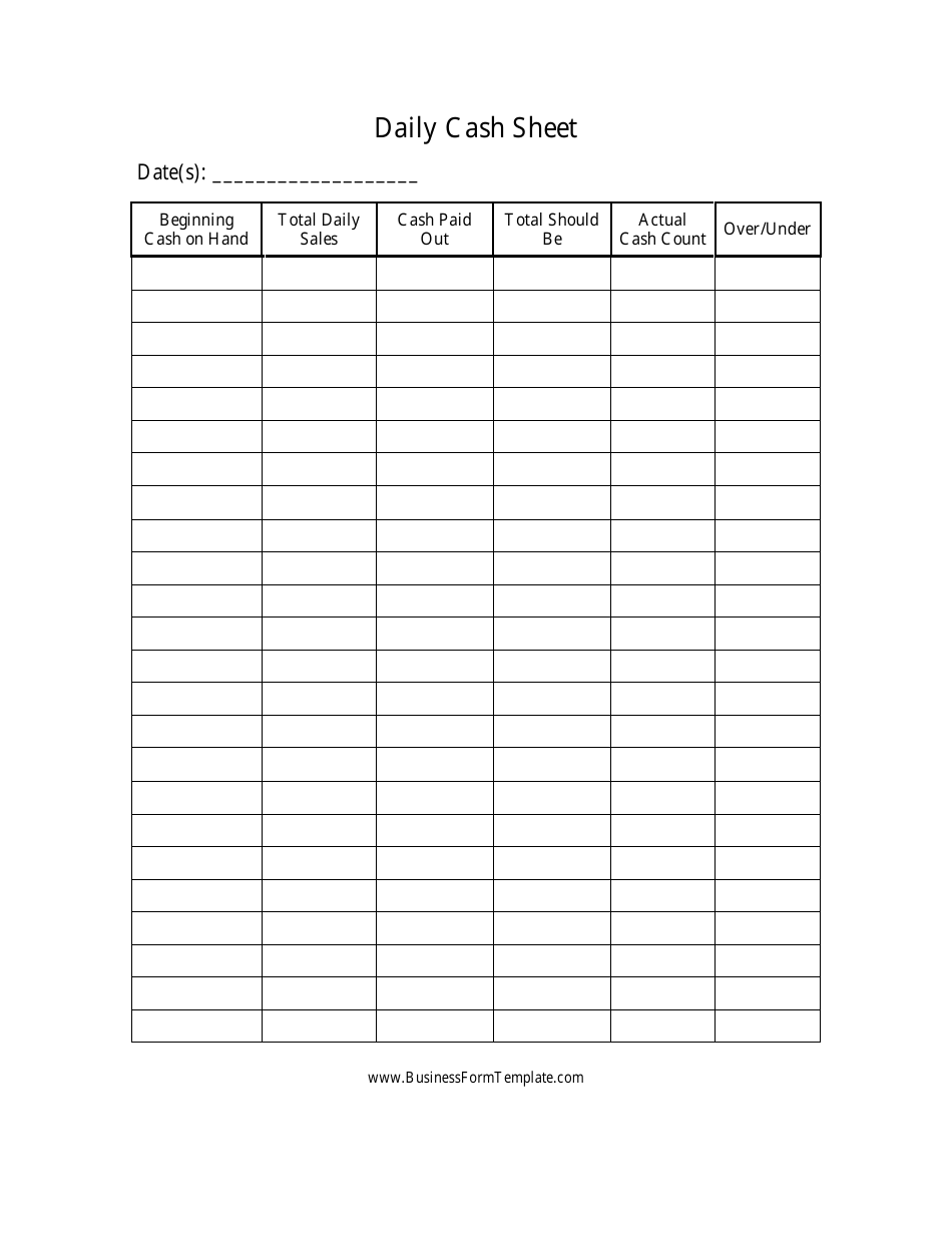 Daily Cash Sheet Template Sample