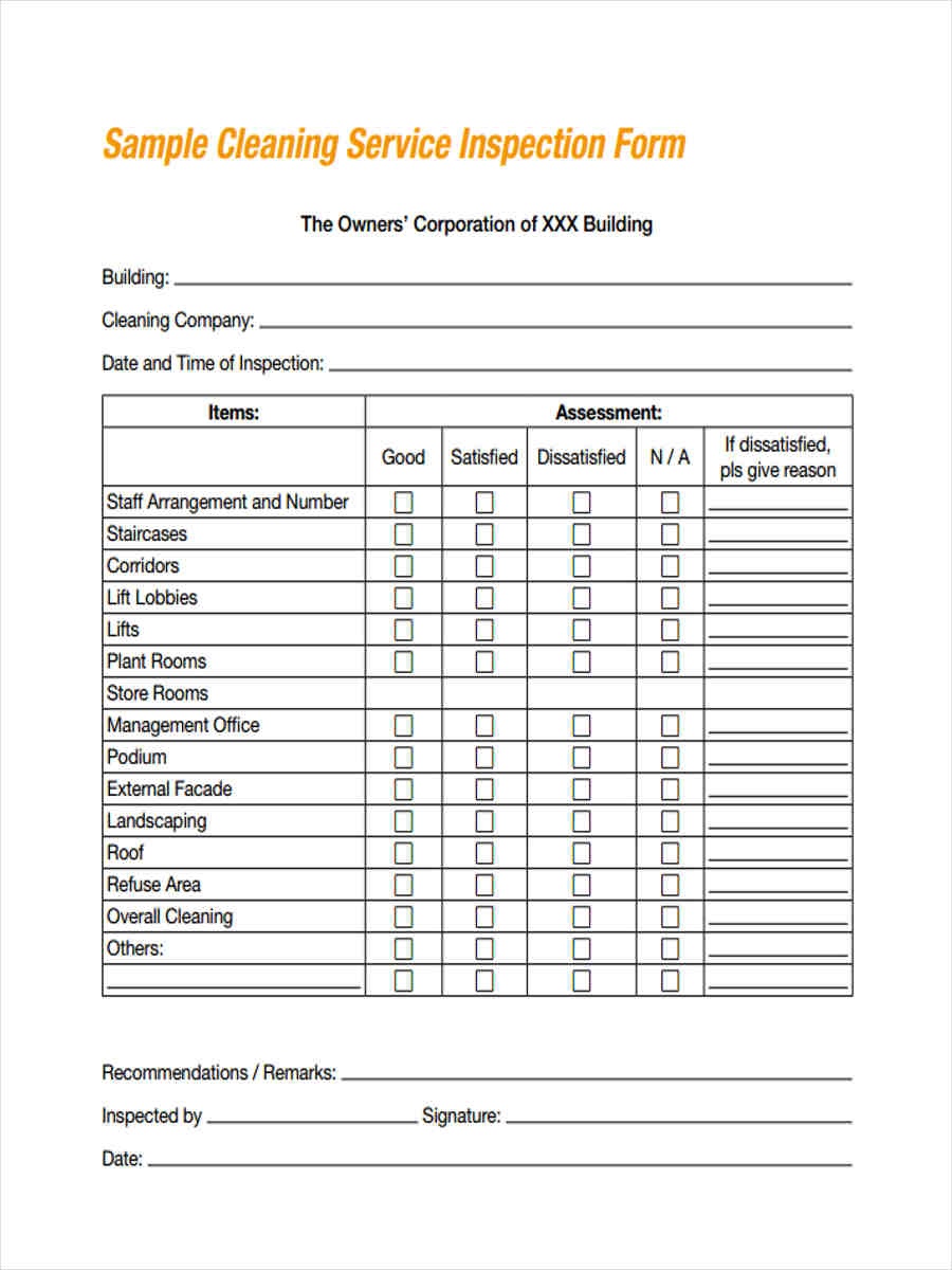 Daily Cleaning Inspection Sheet Template Sample