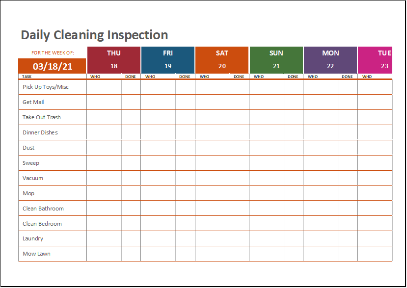 Daily Cleaning Inspection Sheet Template