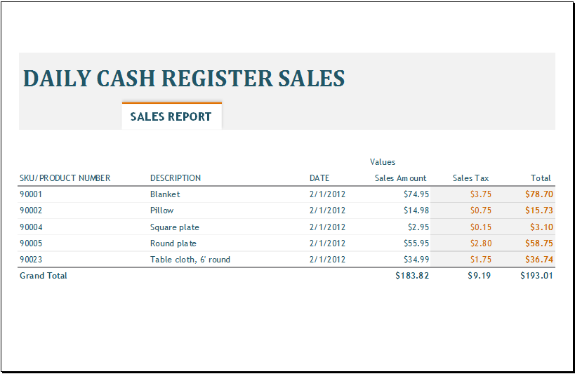 Daily Sales Register Template Sample