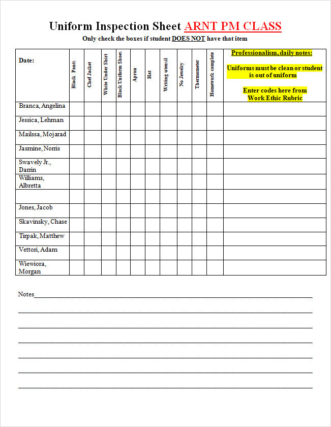 Daily Uniform Inspection Sheet Template