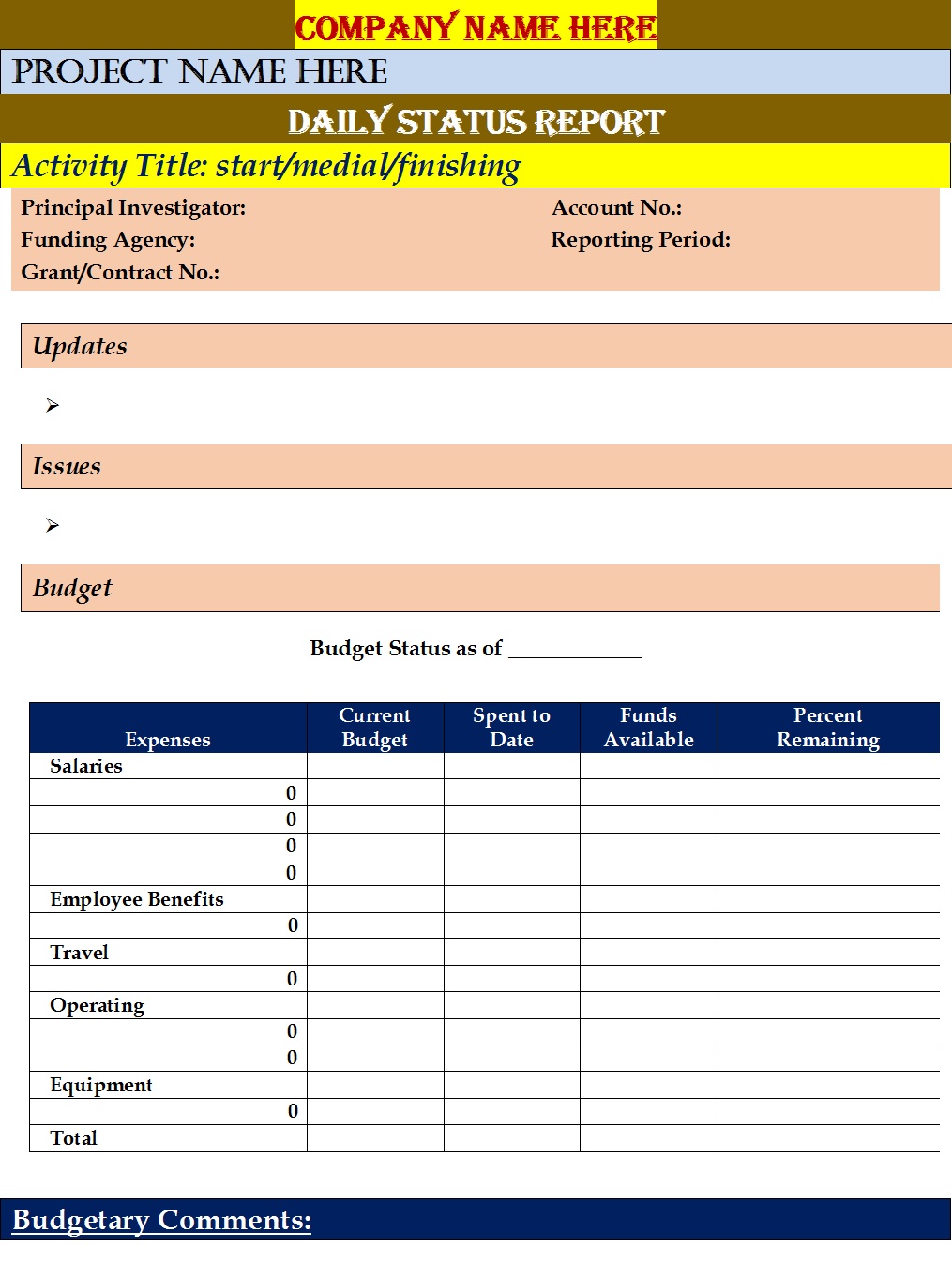 Daily Work Status Sheet Template