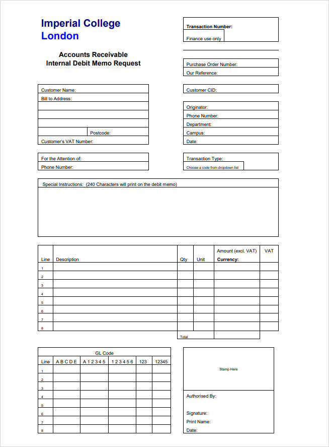 Debit Memo Request Form