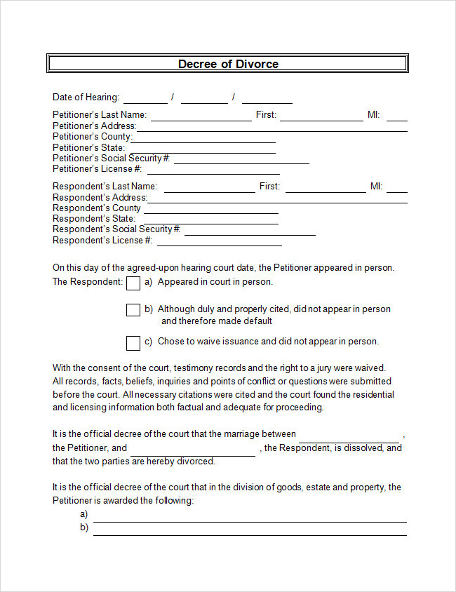 Decree of Divorce Certificate Template