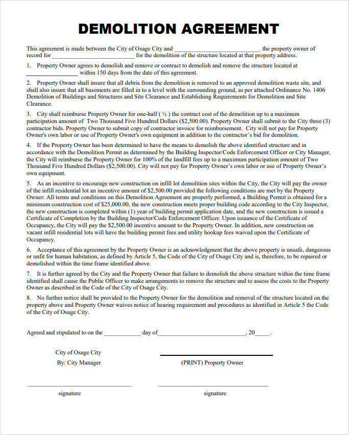 Demolition Agreement Form