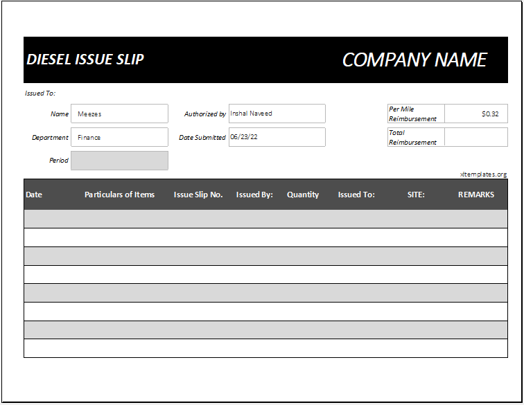 Diesel Issue Slip Template