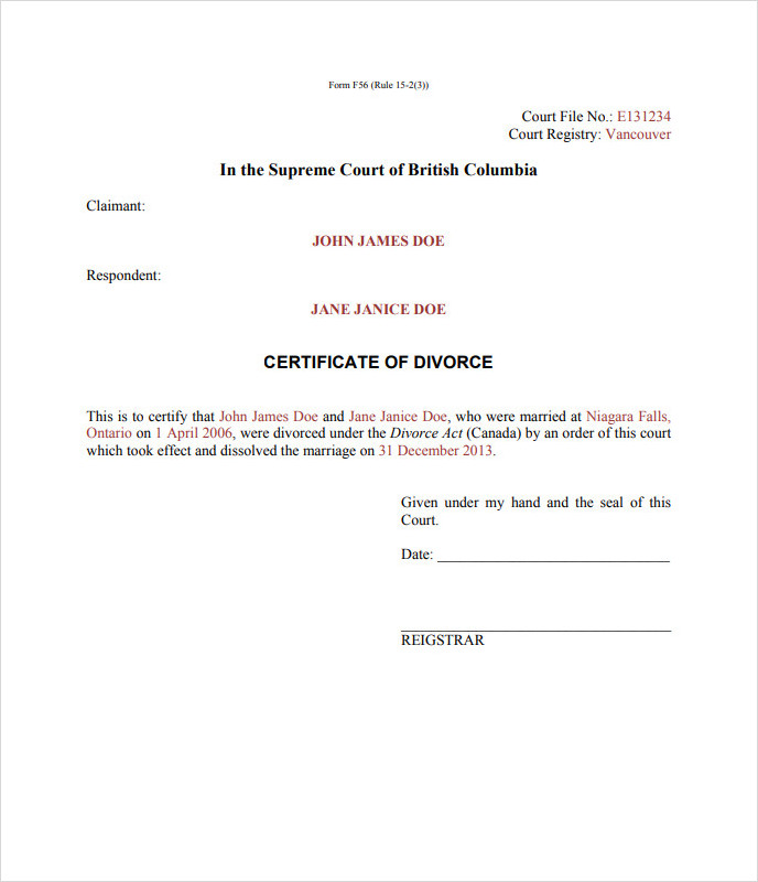 Divorce Certificate Template