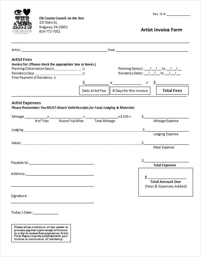 Editable Artist Invoice Template Word