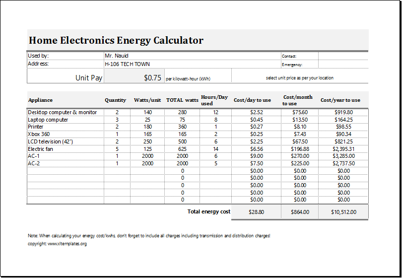 Electric Energy Cost Calculator Template Sample