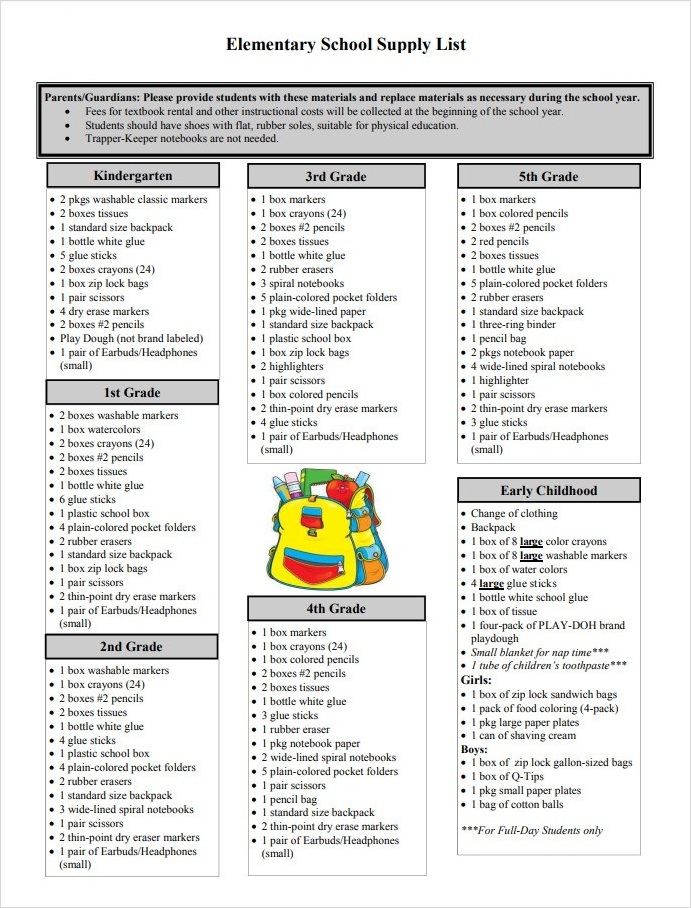 Elementary School Supply List Template