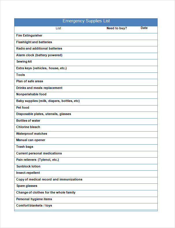 Emergency Supplies List Template Word