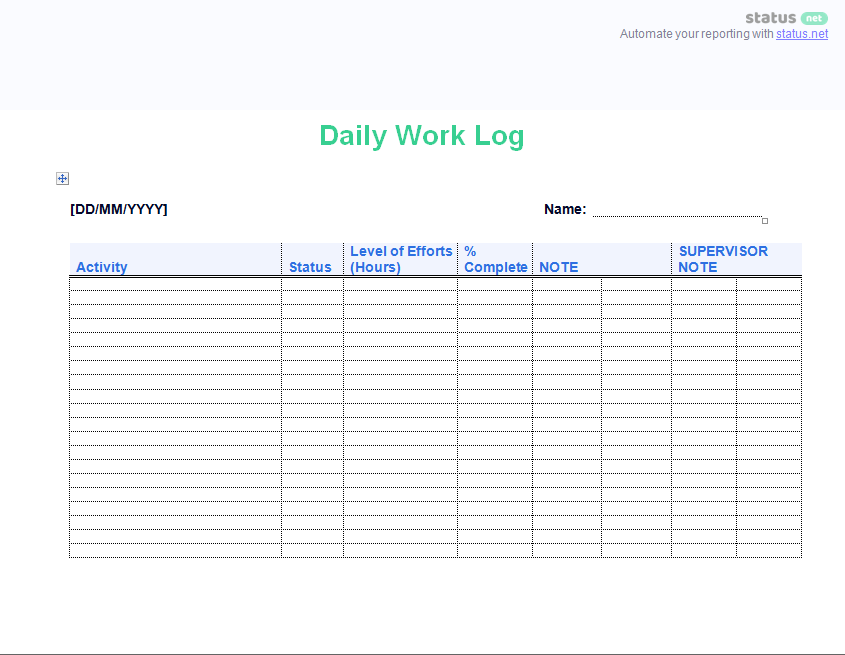 Employee At Home Work Tracking Log Template