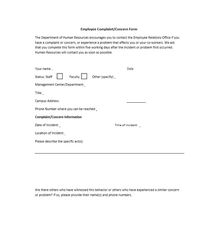 Employee Complaint Form Template