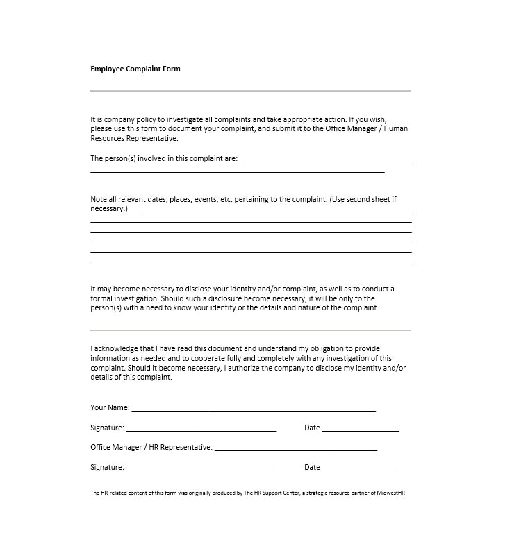 Employee Complaint Form Template