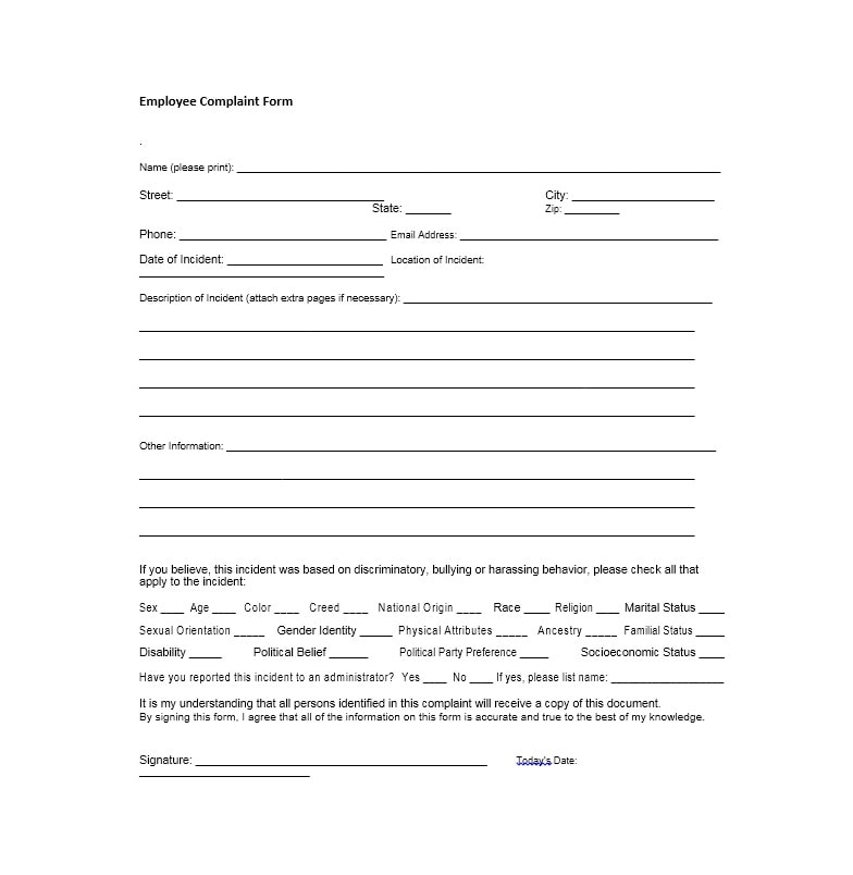 Employee Complaint Form Template