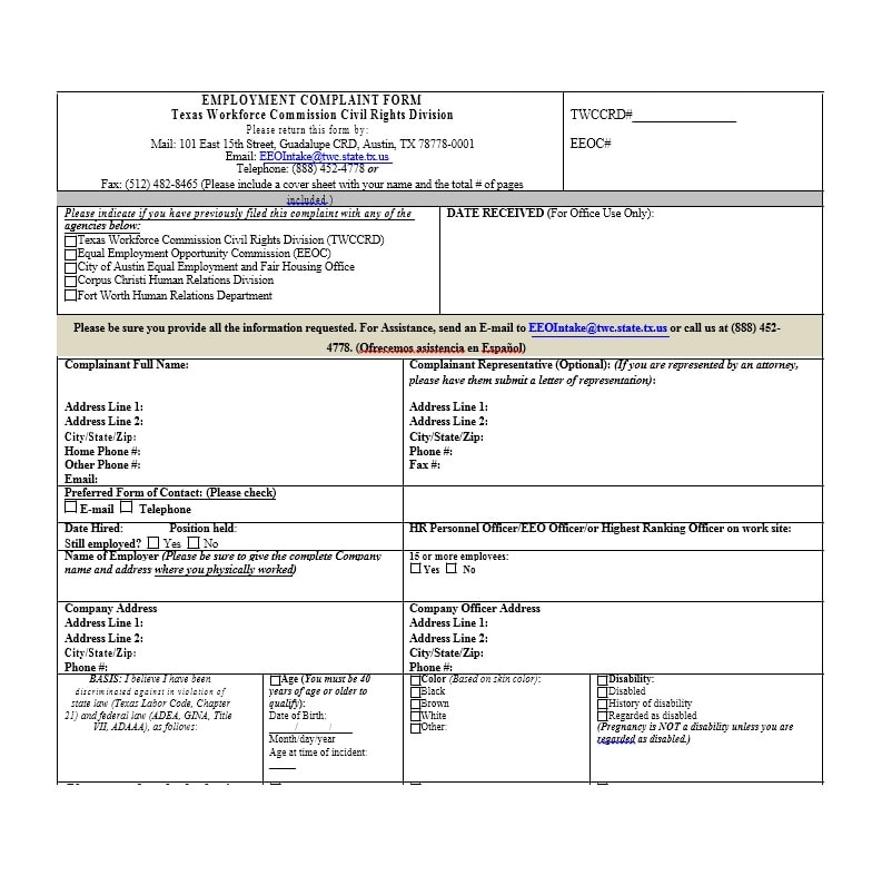 Employee Complaint Form Template