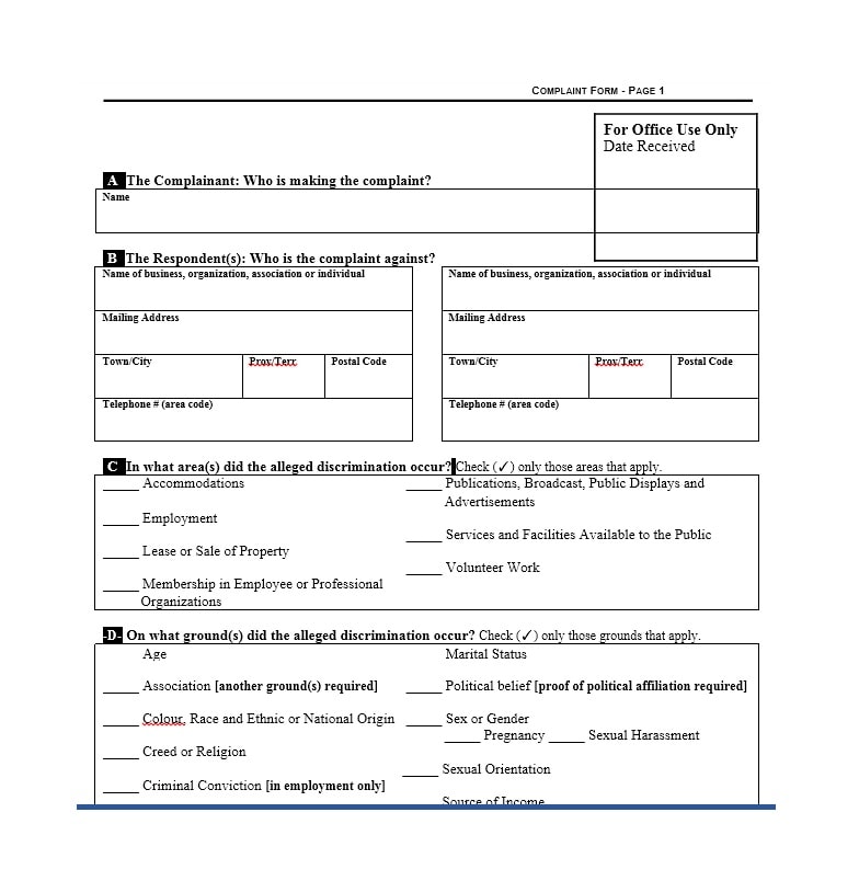 Employee Complaint Form Template