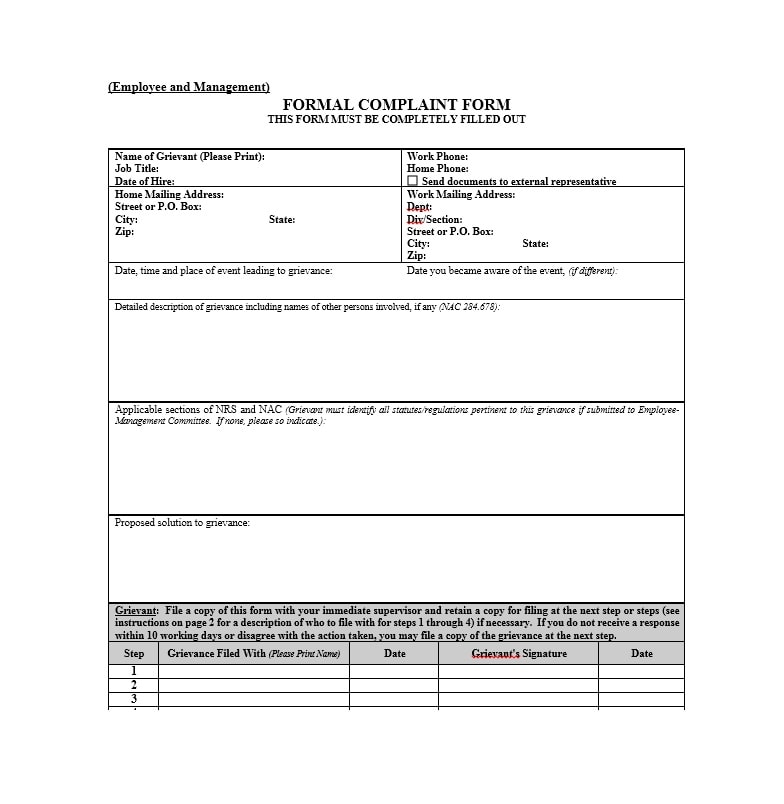 Employee Complaint Form Template