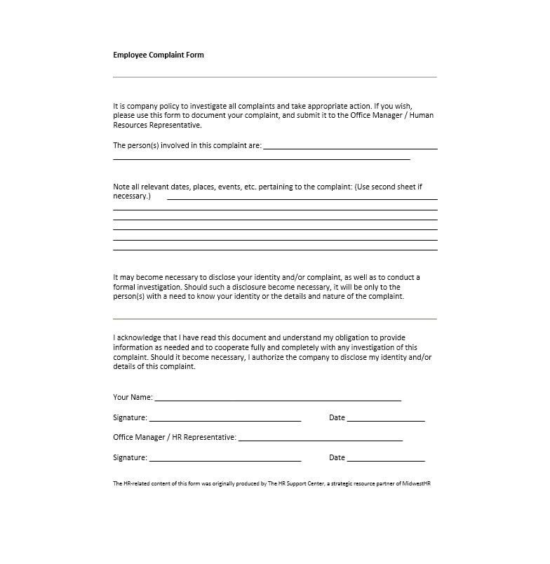 Employee Complaint Form Template