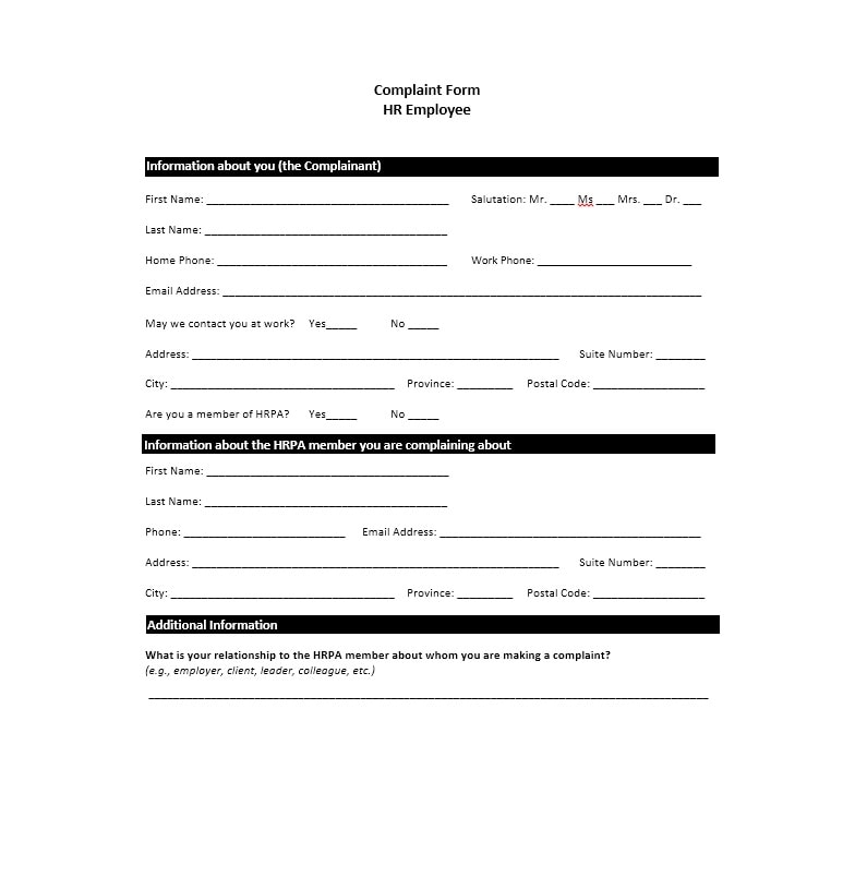 Employee Complaint Form Template