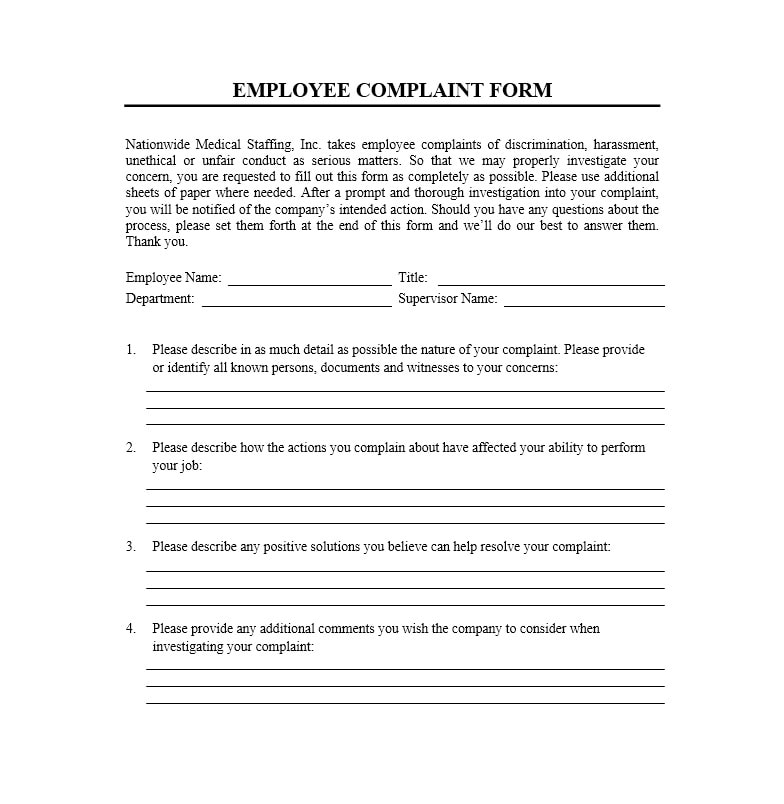 Employee Complaint Form Template